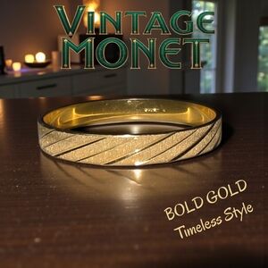 Vintage Monet Gold Tone Bangle – Diamond Cut Textured Bracelet